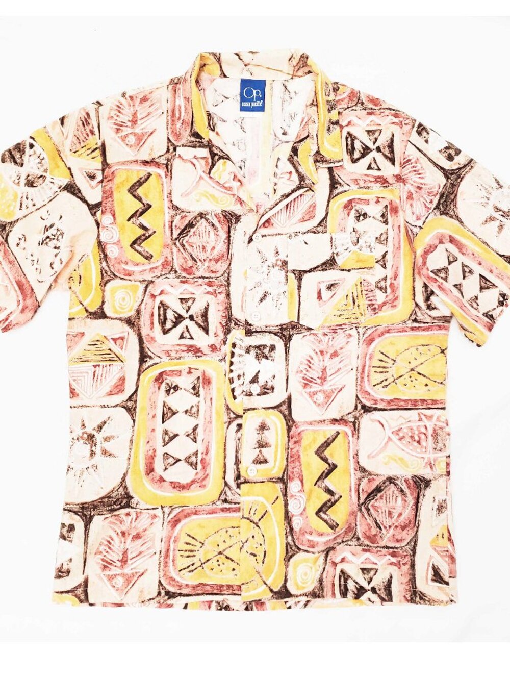 Vintage OP Ocean Pacific Men's Hawaiian Tiki Cotton Fish Sun Print Shirt M
